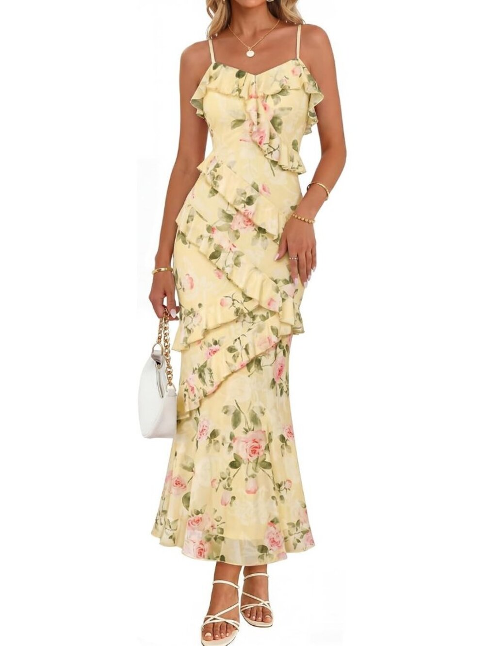 Women's Yellow Shoulder Sleeve V Neck High Waist Backless Wedding Dress